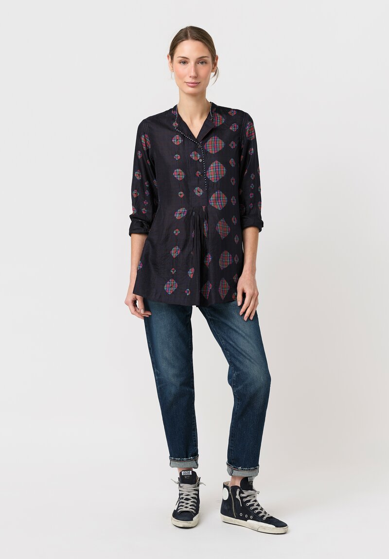 Péro Silk Resist-Dyed Two-Piece Micro-Pleat Top in Navy Blue & Tartan Shibori