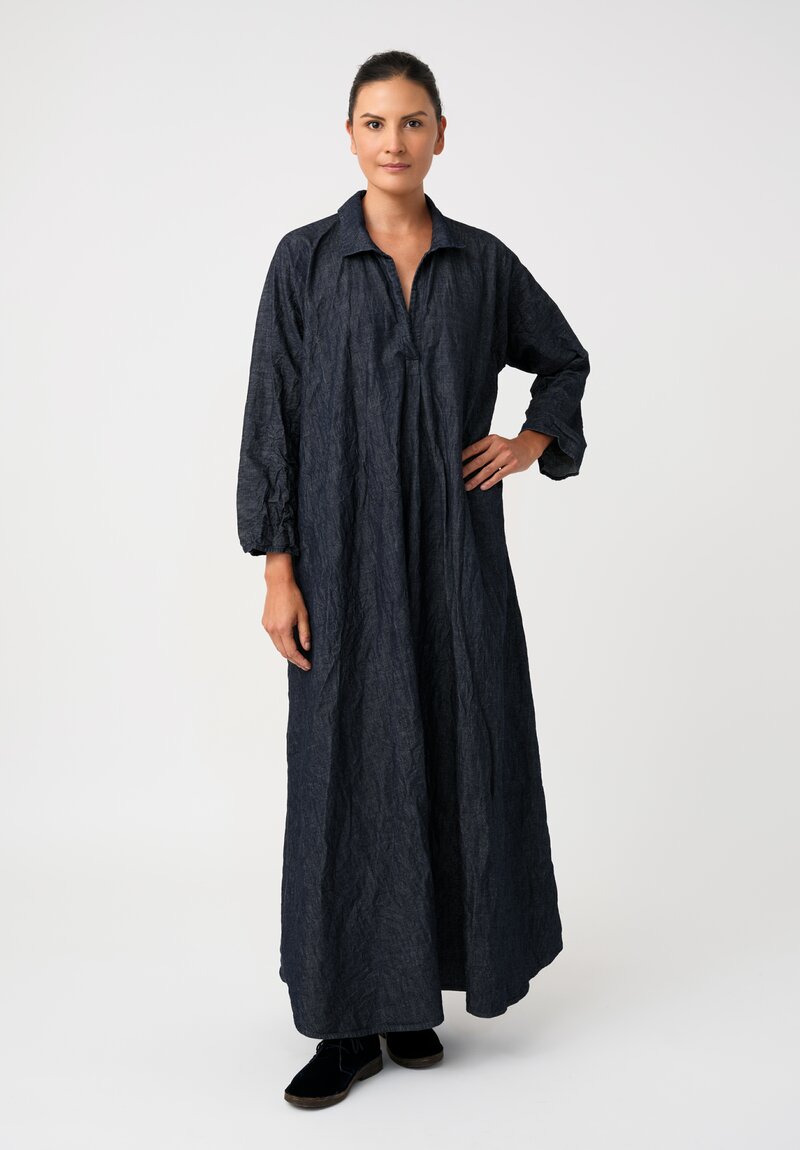 Daniela Gregis Washed Cotton Denim Spicchi Colletto Dress in Dark Blue	