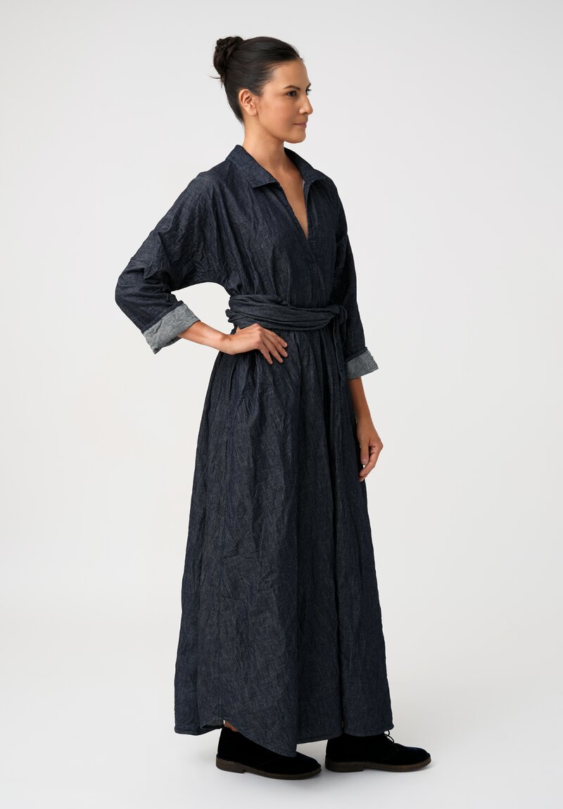 Daniela Gregis Washed Cotton Denim Spicchi Colletto Dress in Dark Blue	