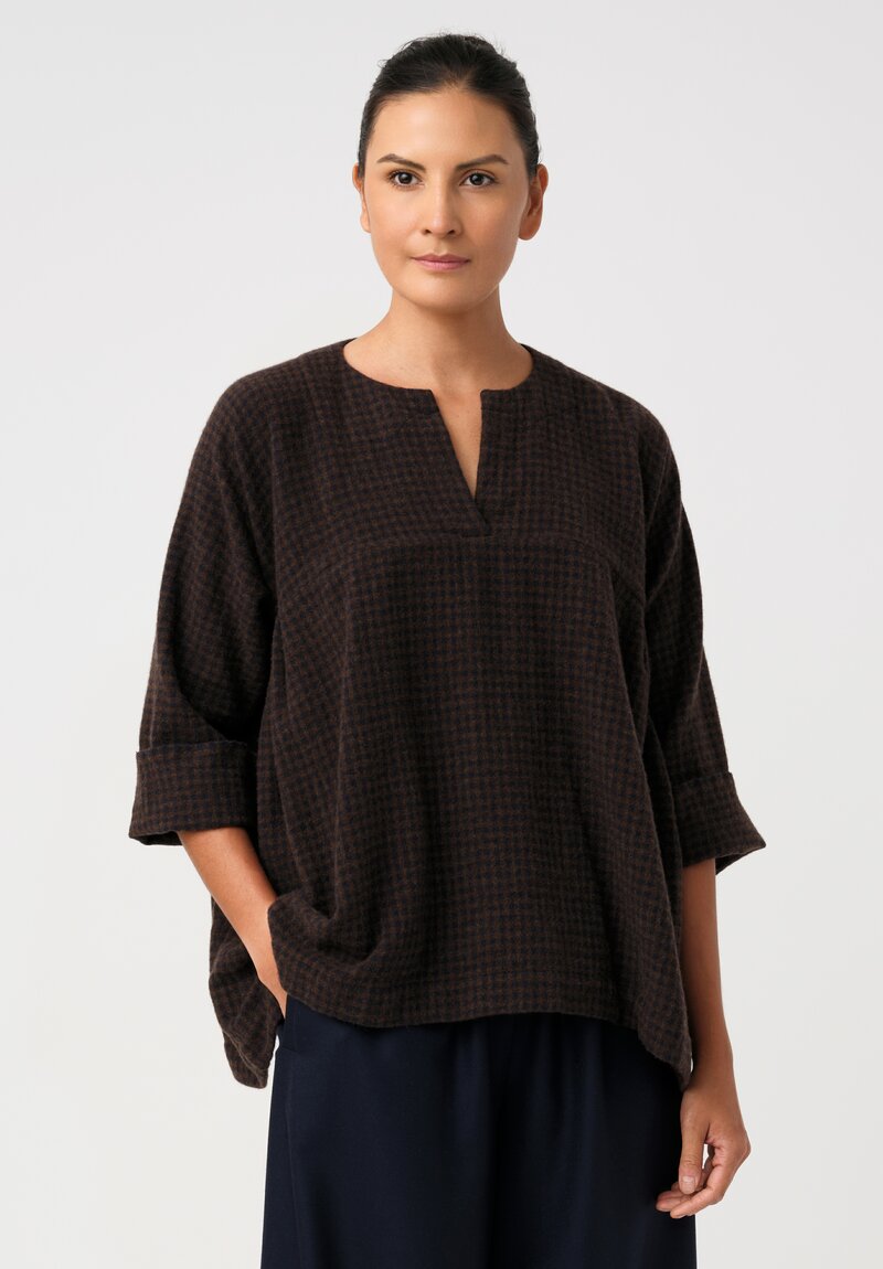 Daniela Gregis Washed Cashmere Pittore Checkered Shirt in Brown & Navy	