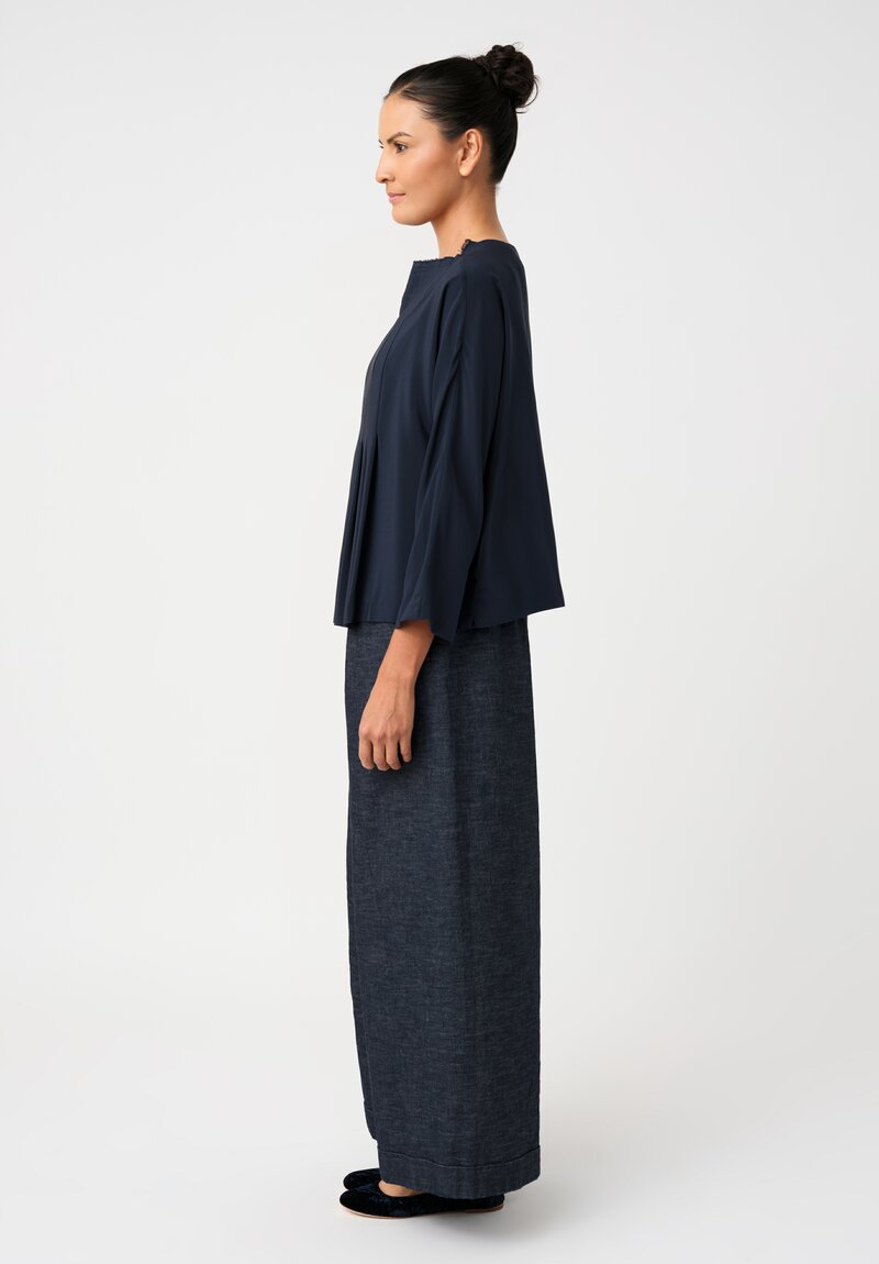 Daniela Gregis Cotton Twill Wide Leg High Waist Tasche Lungo Pants with Ankle Length Hemline in Dark Blue Denim Side View