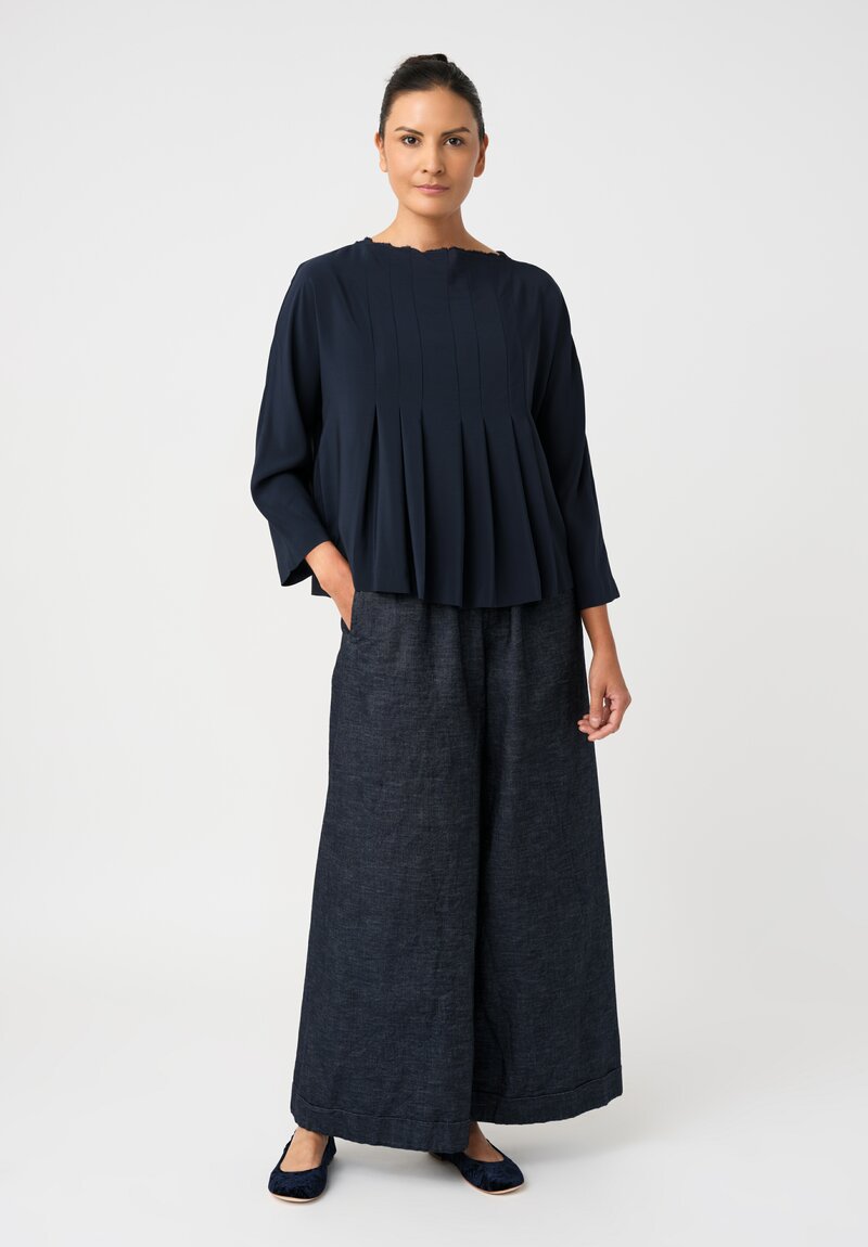 Daniela Gregis Cotton Twill Wide Leg High Waist Tasche Lungo Pants with Ankle Length Hemline in Dark Blue Denim Front View