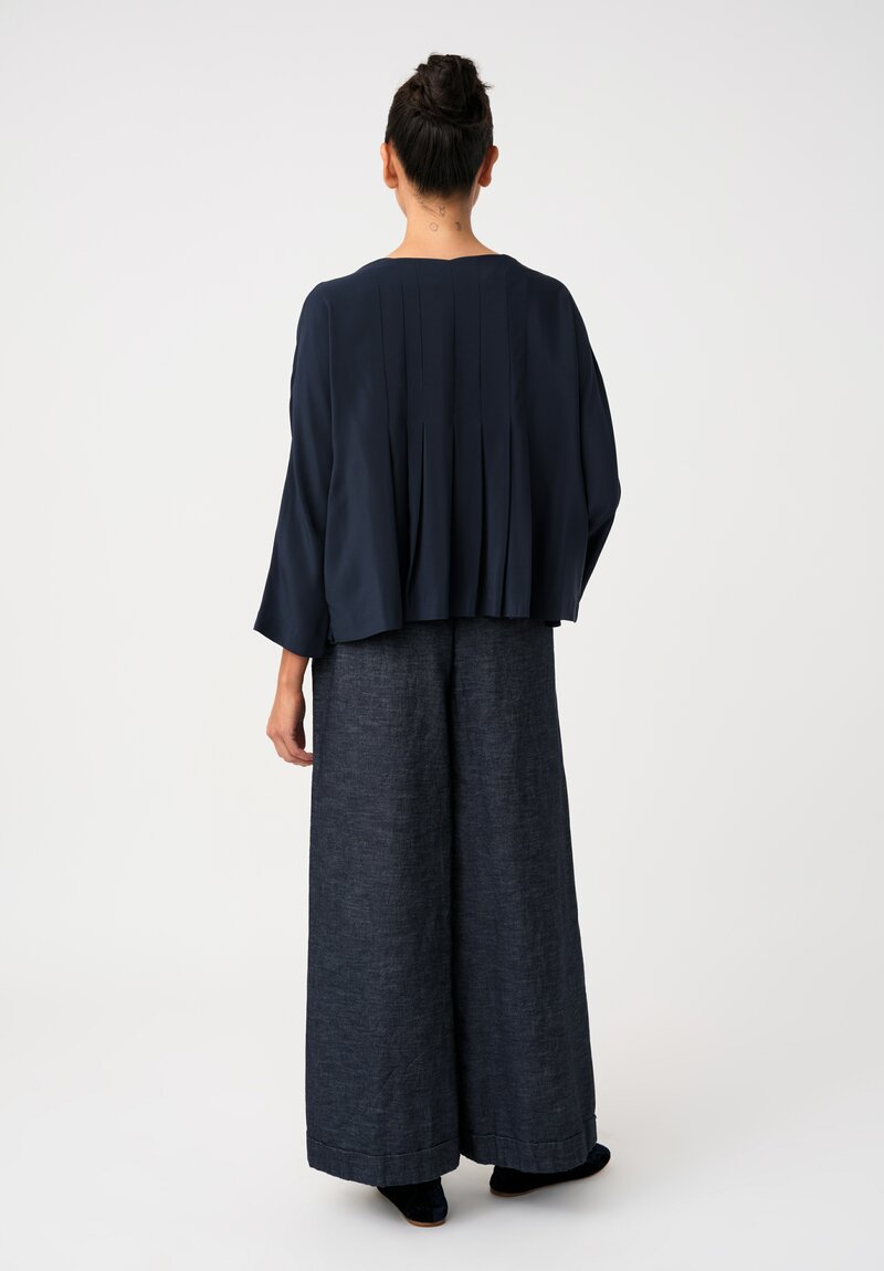 Daniela Gregis Cotton Twill Wide Leg High Waist Tasche Lungo Pants with Ankle Length Hemline in Dark Blue Denim Back View