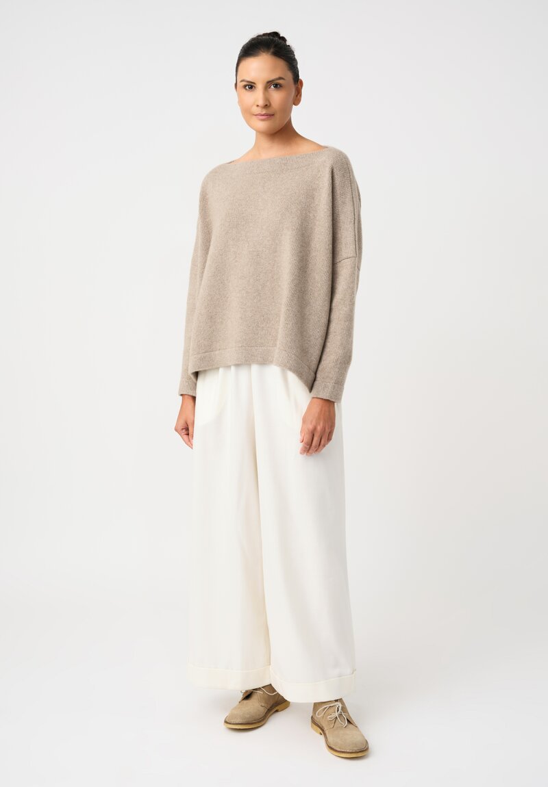 Daniela Gregis Thermal Insulated Weave Wide Leg High Waist Tasche Lungo Pants with Ankle Length Hemline in Panna Cream White Front View