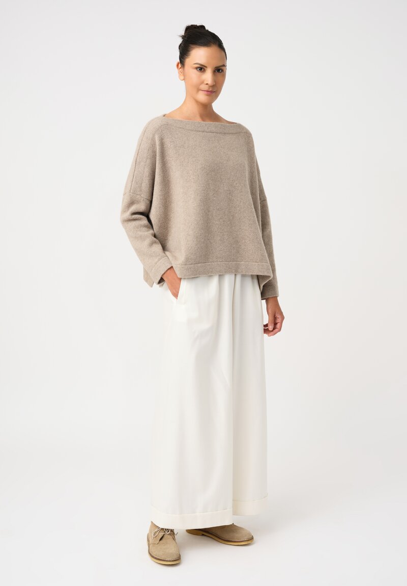Daniela Gregis Thermal Insulated Weave Wide Leg High Waist Tasche Lungo Pants with Ankle Length Hemline in Panna Cream White Three Quarter View