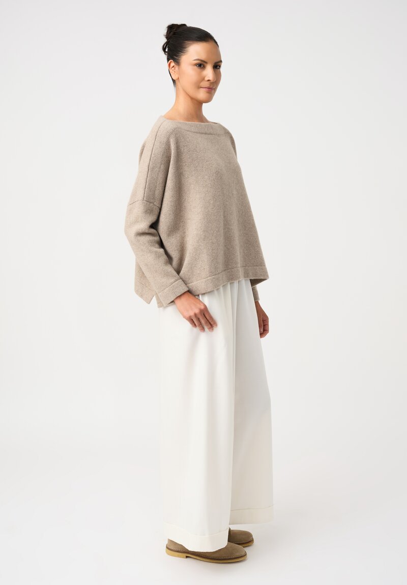 Daniela Gregis Thermal Insulated Weave Wide Leg High Waist Tasche Lungo Pants with Ankle Length Hemline in Panna Cream White Side View