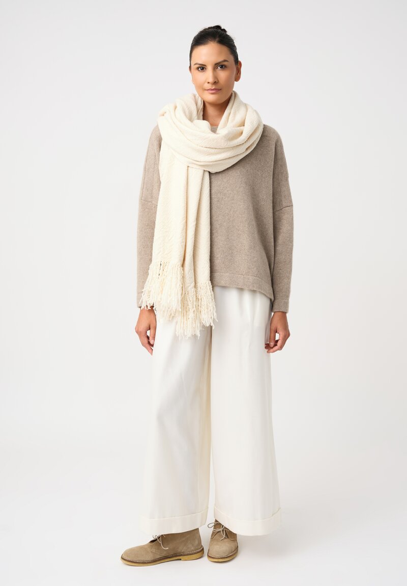 Daniela Gregis Thermal Insulated Weave Wide Leg High Waist Tasche Lungo Pants with Ankle Length Hemline in Panna Cream White Styled with Cashmere Snow Shawl Front View