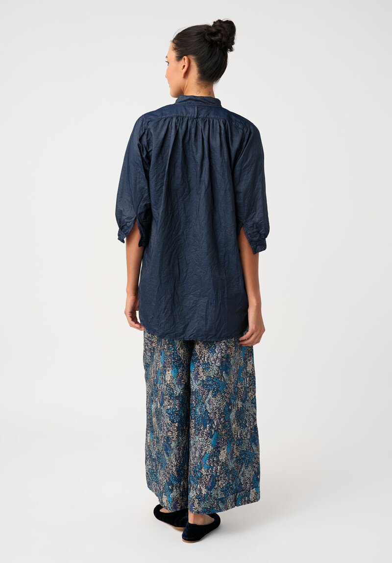 Daniela Gregis Washed Texture Cotton Wide Leg High Waist Pigiama Tasche Pants with Slightly Cropped Ankle Length Hemline in Blue Flower Fantasia Pattern Back View