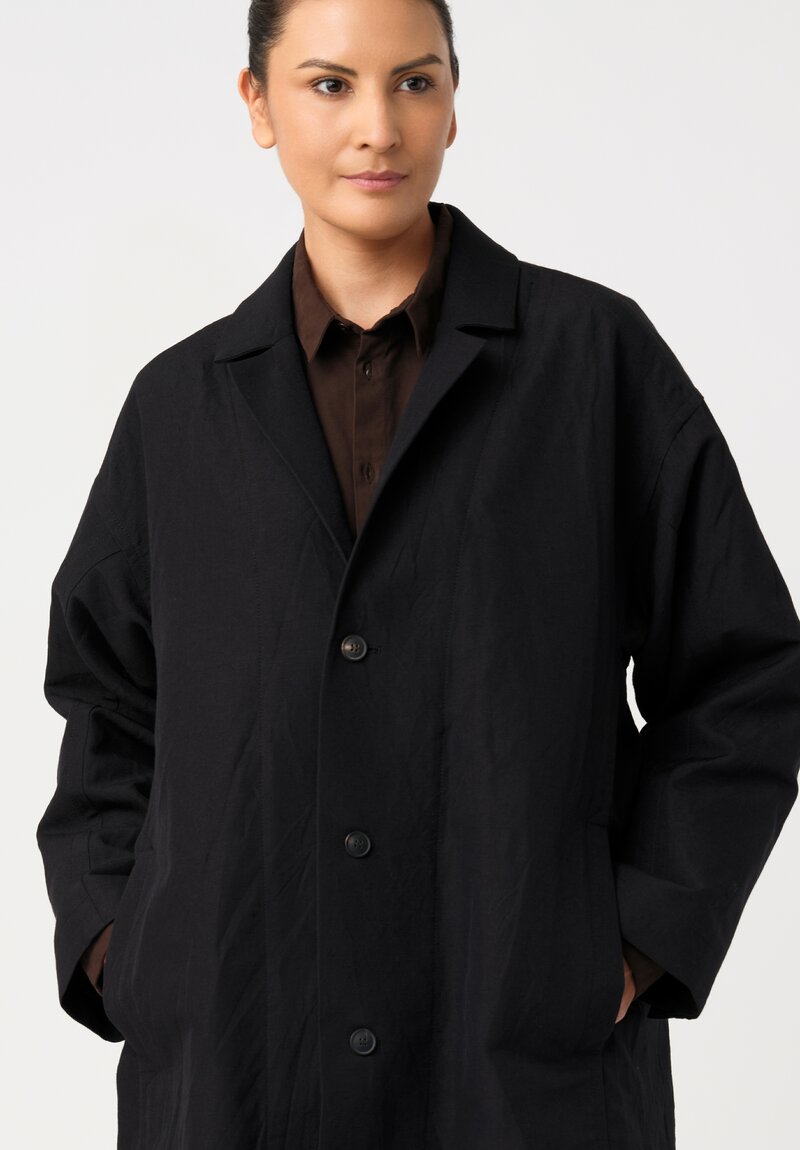 Jan Jan Van Essche Linen Over Sized Notch Lapel Button-Down Coat in Black