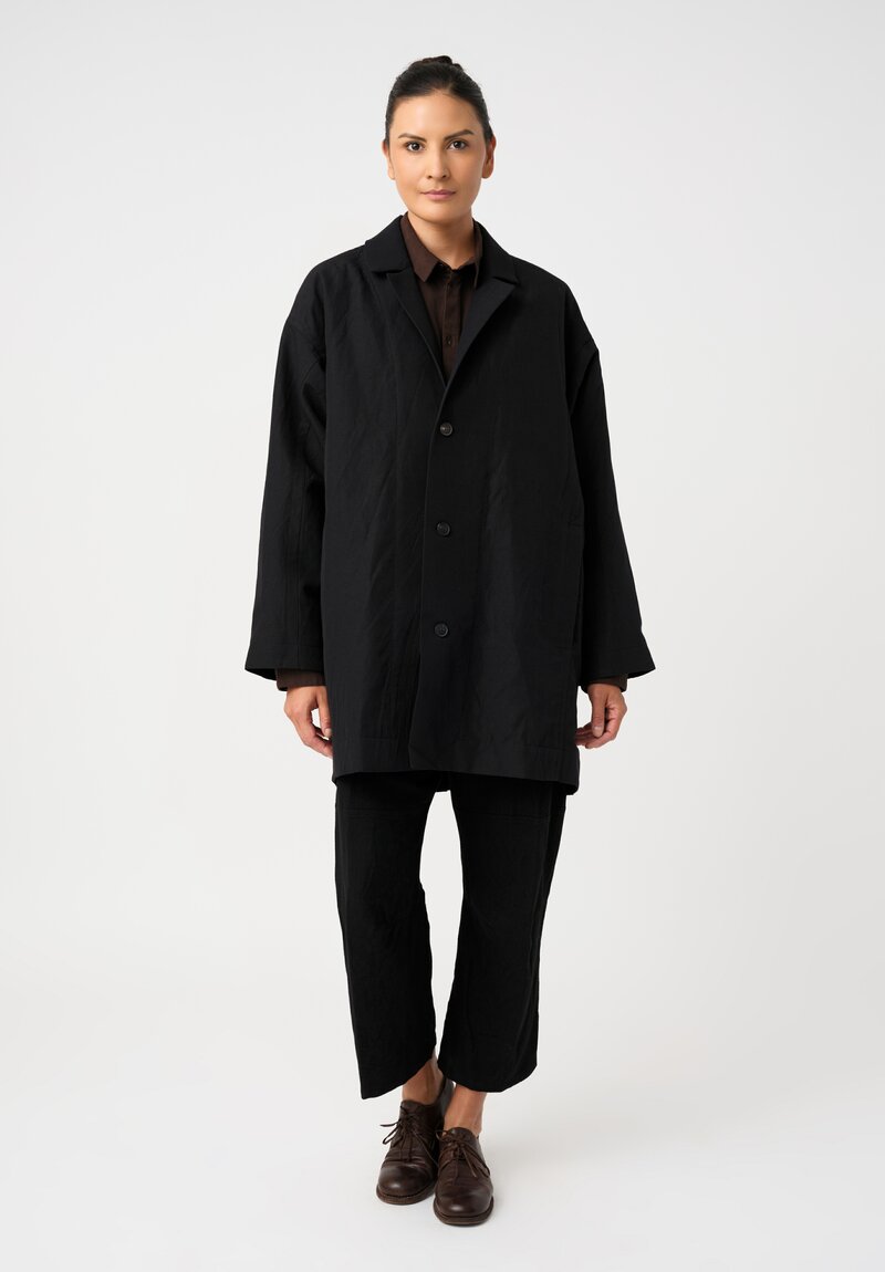 Jan Jan Van Essche Linen Over Sized Notch Lapel Button-Down Coat in Black