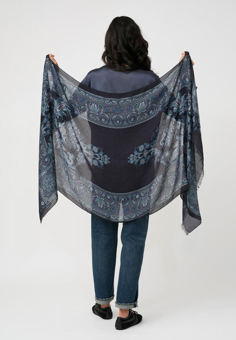 Etro Sheer Scarf in Black & Blue Framed Botanical Print
