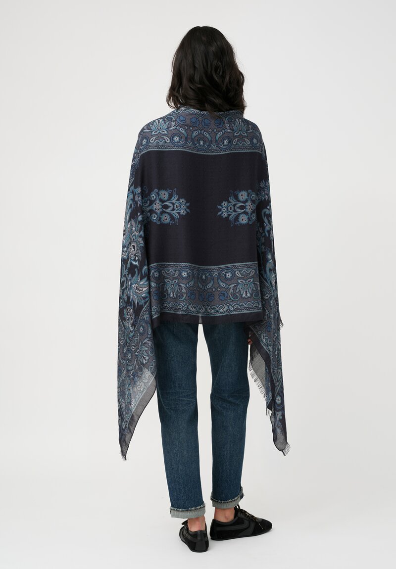 Etro Sheer Scarf in Black & Blue Framed Botanical Print