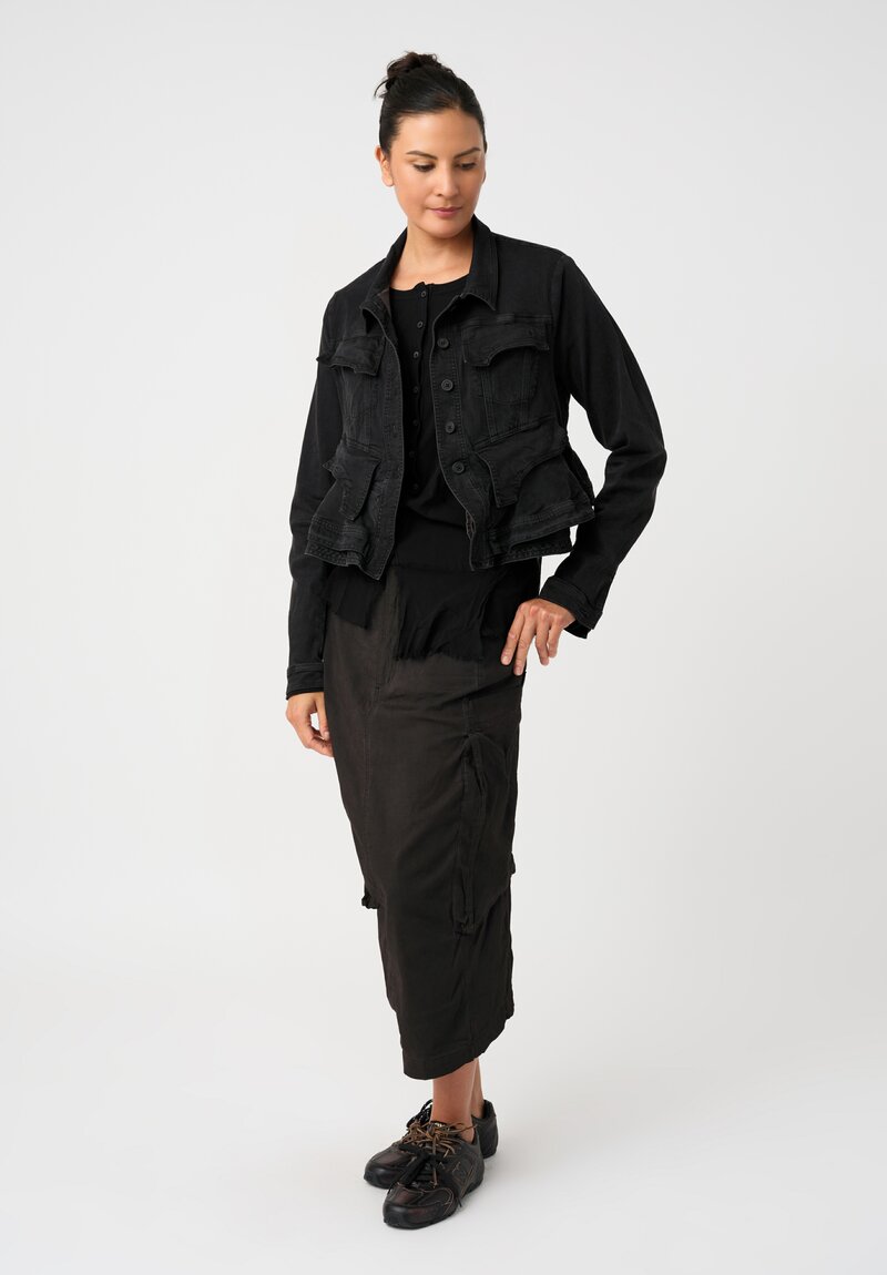 Rundholz Cotton Denim Ruffled Peplum Flap Pocket Cropped Point Collar Button-Down Jacket in Washed Black