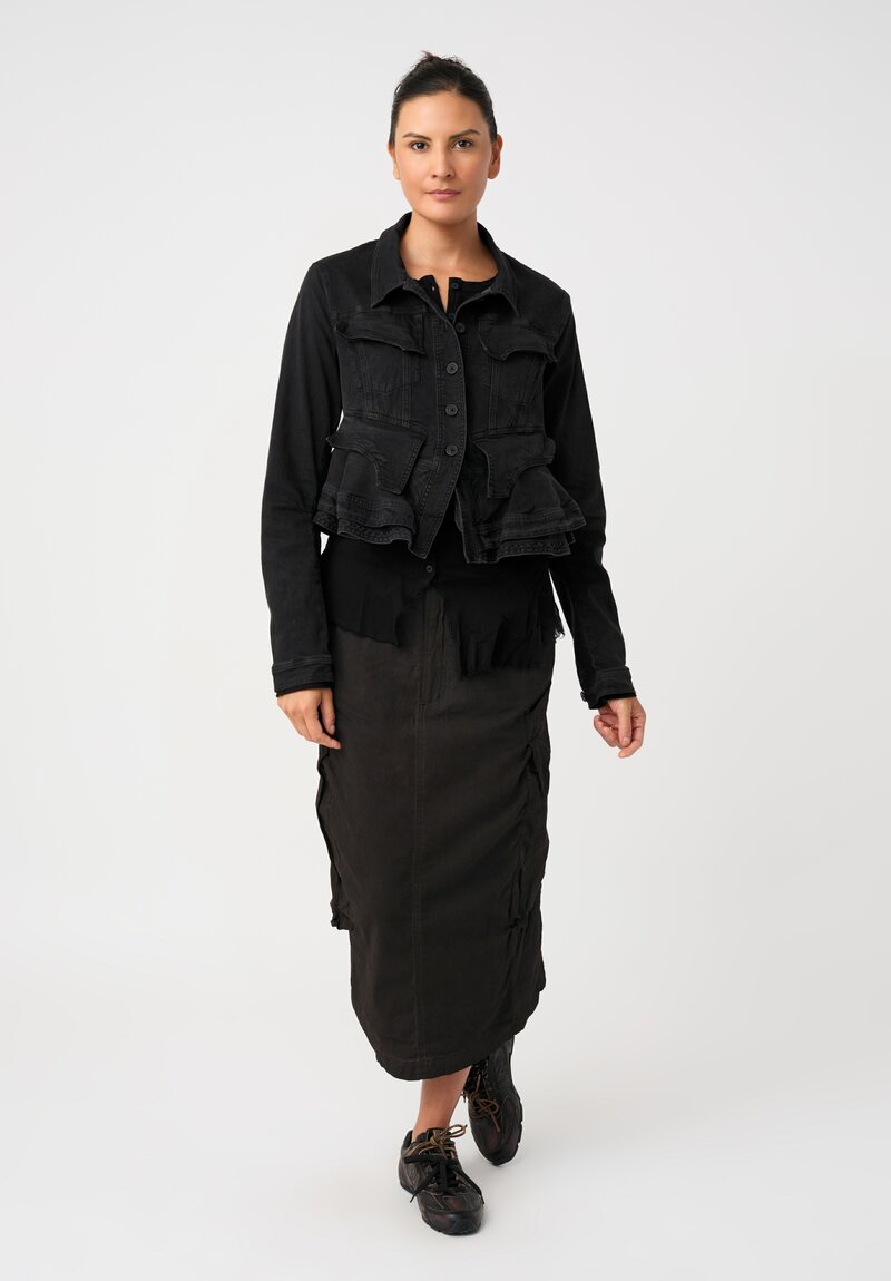 Rundholz Cotton Denim Ruffled Peplum Flap Pocket Cropped Point Collar Button-Down Jacket in Washed Black