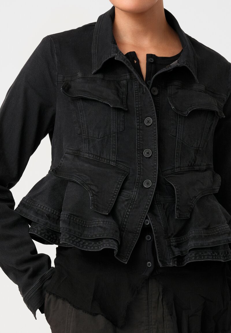 Rundholz Cotton Denim Ruffled Peplum Flap Pocket Cropped Point Collar Button-Down Jacket in Washed Black