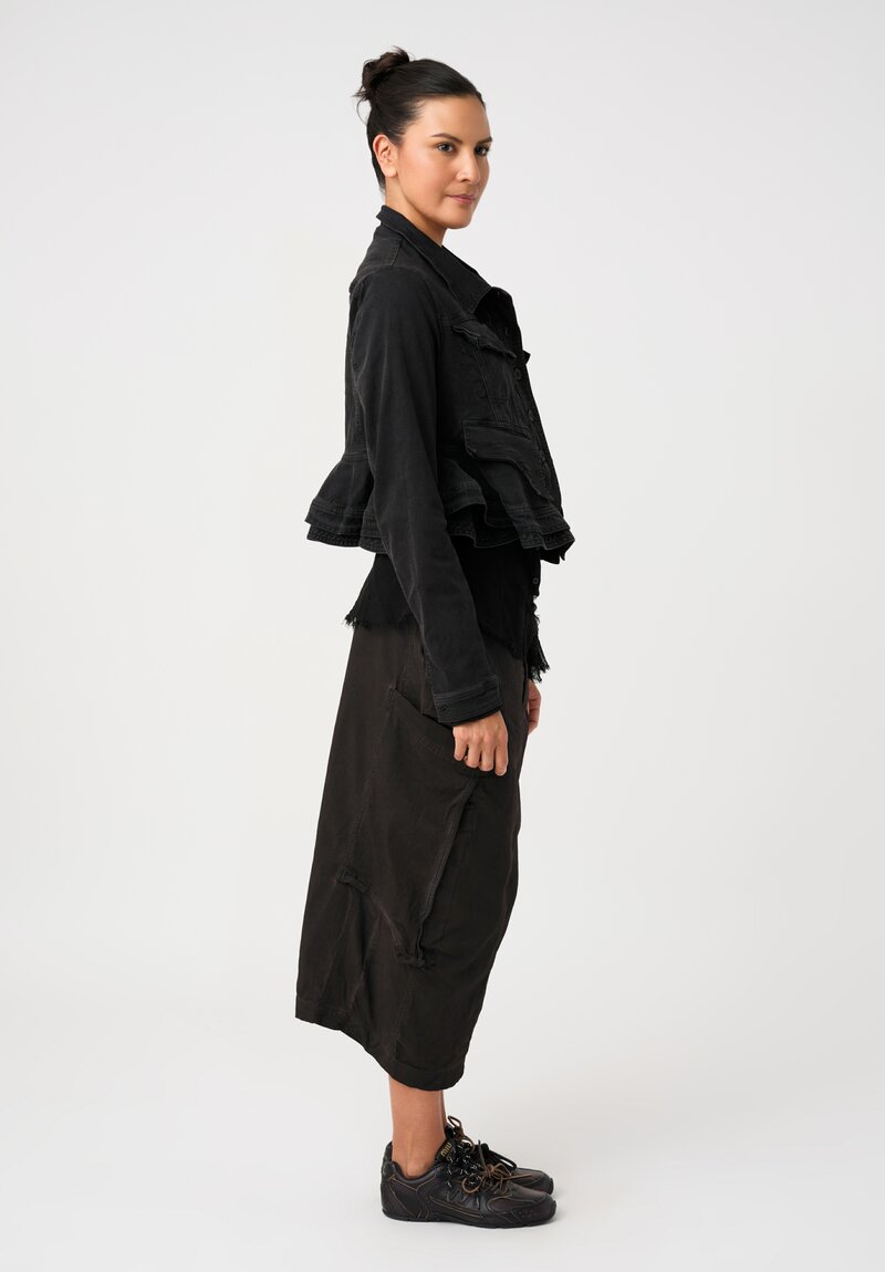 Rundholz Cotton Denim Ruffled Peplum Flap Pocket Cropped Point Collar Button-Down Jacket in Washed Black