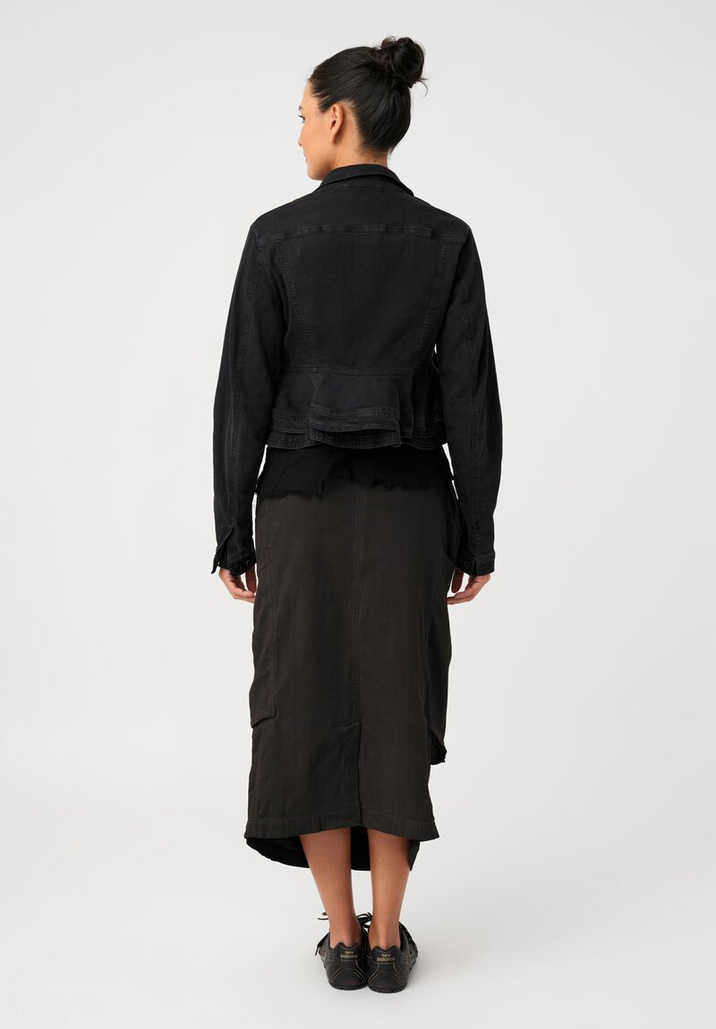 Rundholz Cotton Denim Ruffled Peplum Flap Pocket Cropped Point Collar Button-Down Jacket in Washed Black