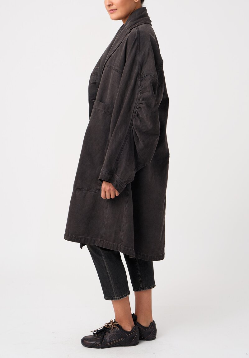 Rundholz Cotton Denim Oversized Dual-Entry Patch Pocket Cruved Sleeves Button-Down Coat in Washed Grey Black