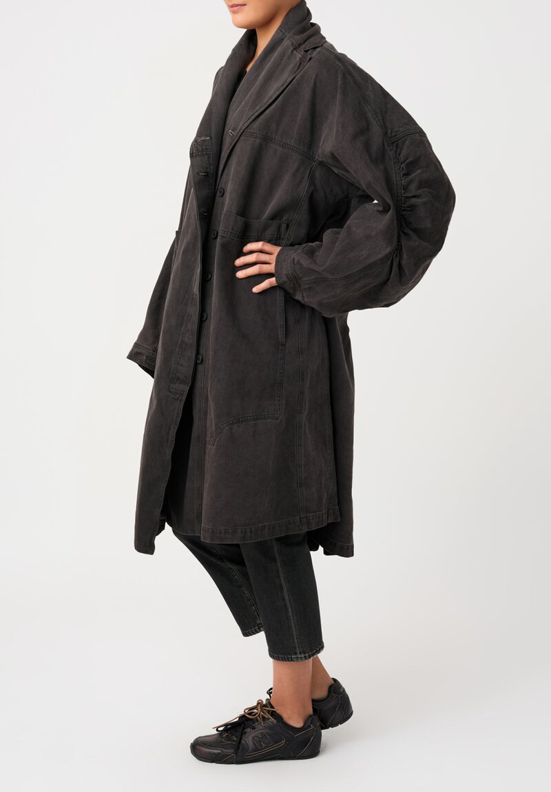 Rundholz Cotton Denim Oversized Dual-Entry Patch Pocket Cruved Sleeves Button-Down Coat in Washed Grey Black
