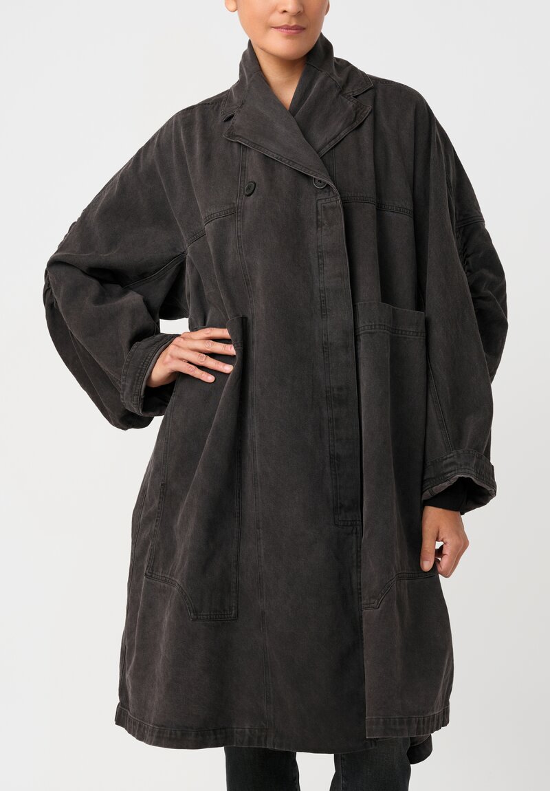 Rundholz Cotton Denim Oversized Dual-Entry Patch Pocket Cruved Sleeves Button-Down Coat in Washed Grey Black