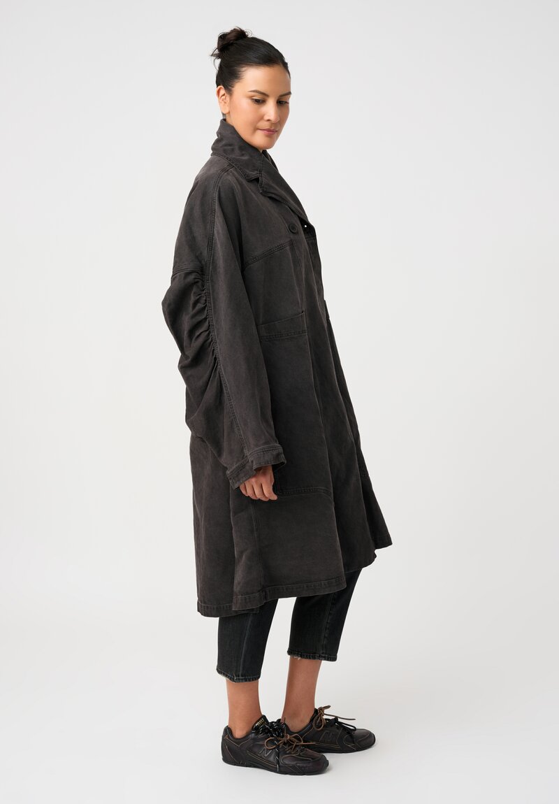 Rundholz Cotton Denim Oversized Dual-Entry Patch Pocket Cruved Sleeves Button-Down Coat in Washed Grey Black