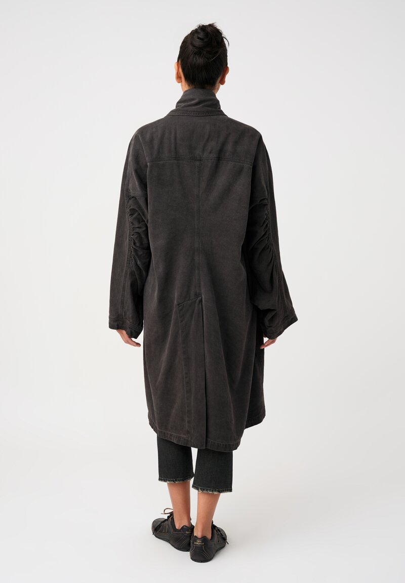 Rundholz Cotton Denim Oversized Dual-Entry Patch Pocket Cruved Sleeves Button-Down Coat in Washed Grey Black