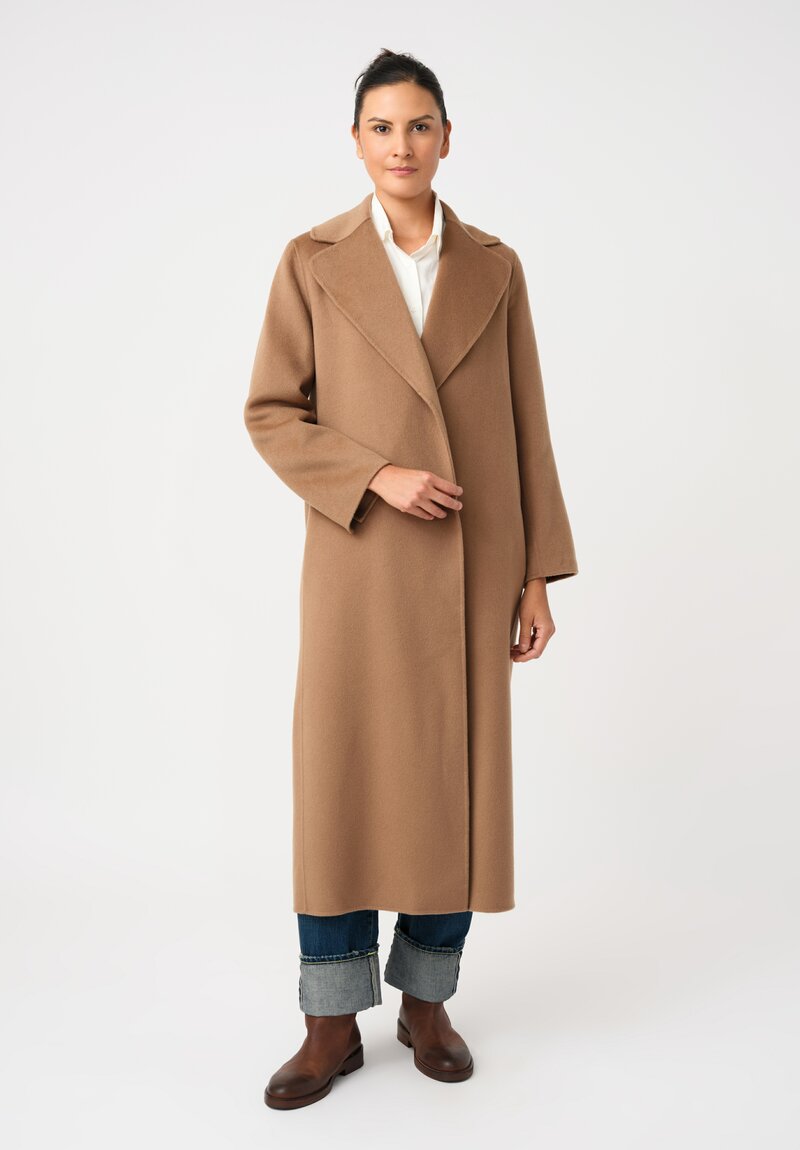 'S Max Mara Ovine Paola Long Belted Wrap Coat with Notch Lapel in Camel Brown