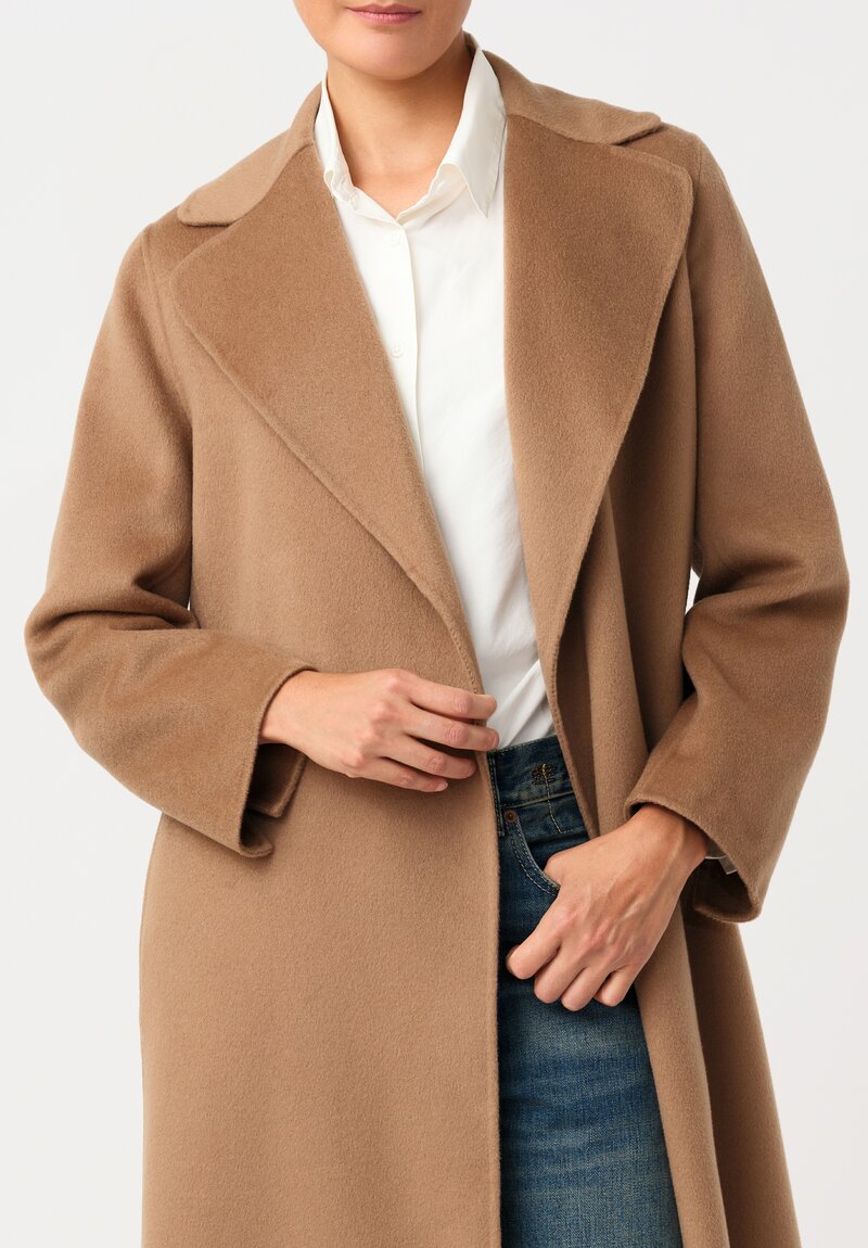 'S Max Mara Ovine Paola Long Belted Wrap Coat with Notch Lapel in Camel Brown