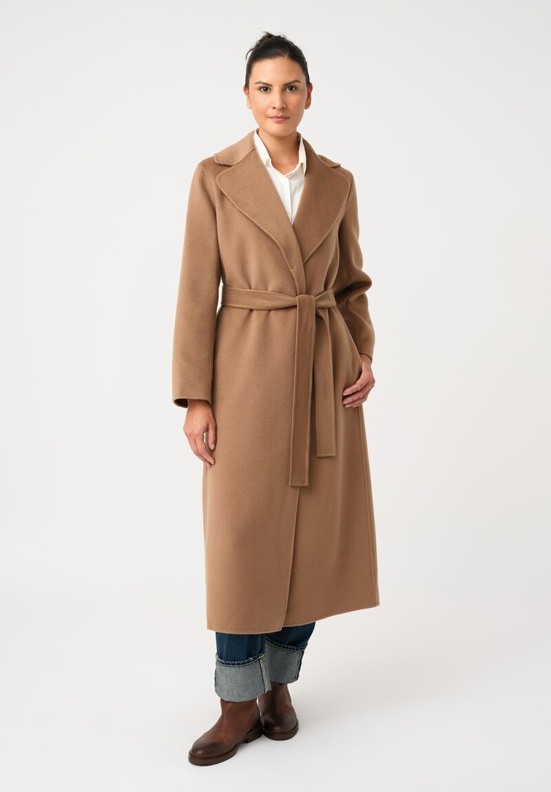 'S Max Mara Ovine Paola Long Belted Wrap Coat with Notch Lapel in Camel Brown