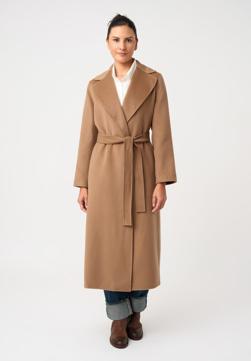 'S Max Mara Ovine Paola Long Belted Wrap Coat with Notch Lapel in Camel Brown