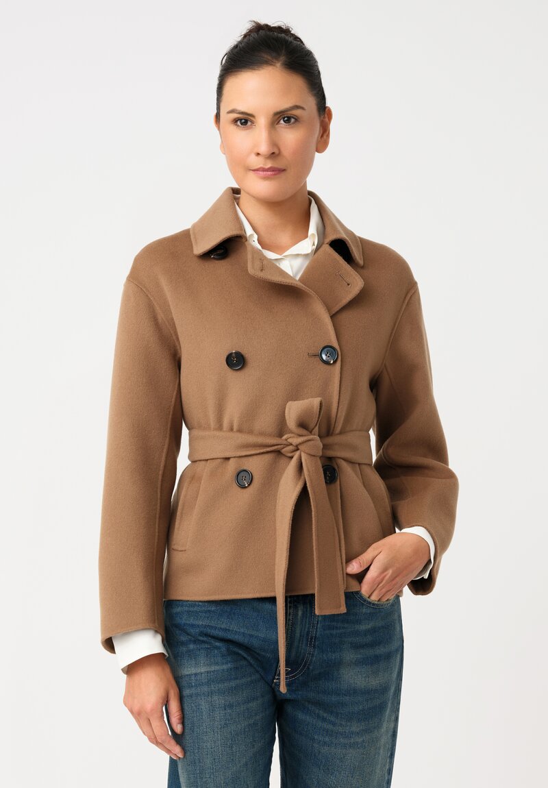 'S Max Mara Carolina Double-Breasted Belted Jacket with Point Collar in Camel Brown