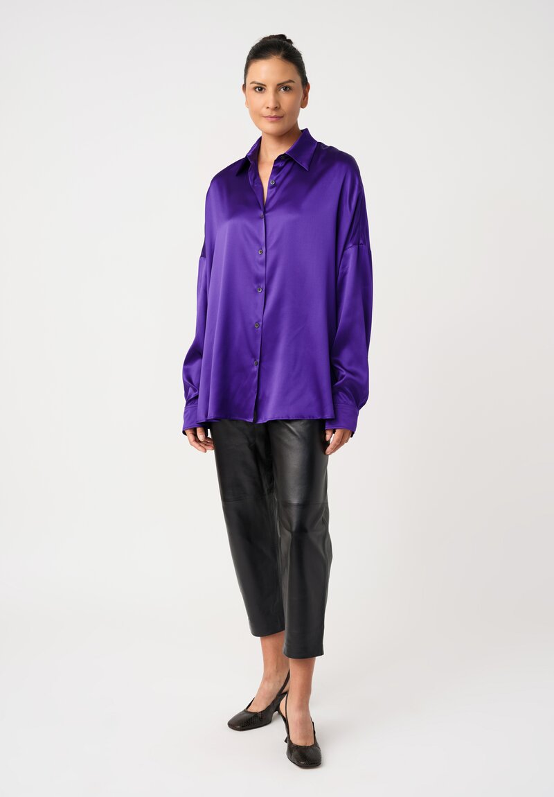 Dries Van Noten Stretch Silk Point Collar Button-Down Casia Top in Amethyst Purple