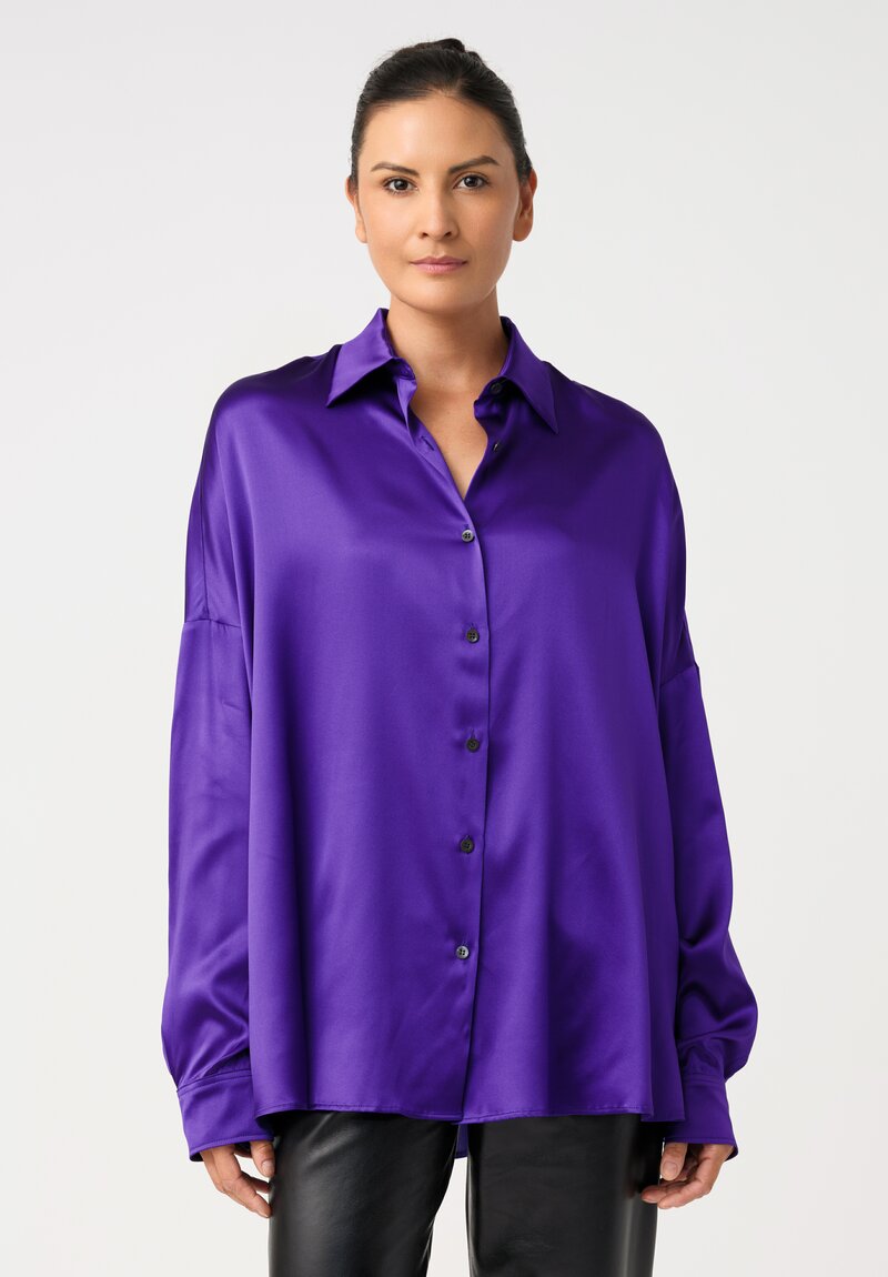 Dries Van Noten Stretch Silk Point Collar Button-Down Casia Top in Amethyst Purple