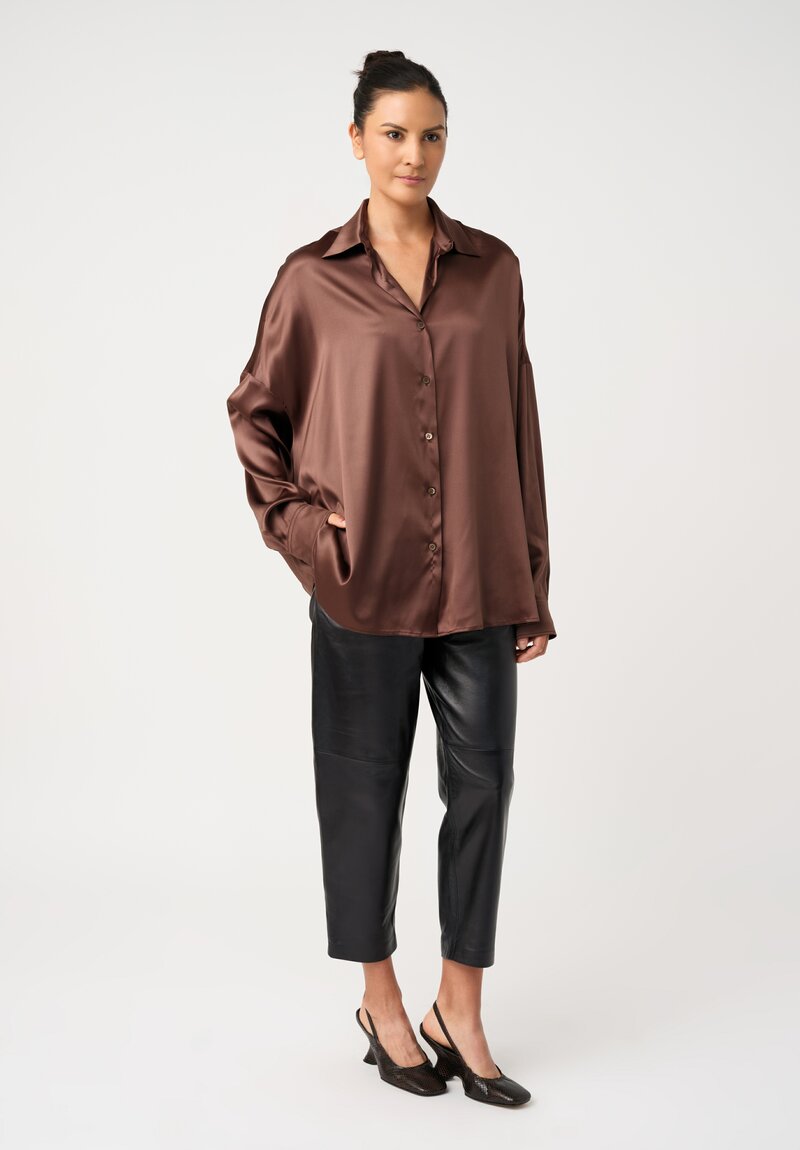 Dries Van Noten Stretch Silk Point Collar Button-Down Casia Top in Polished Bronze Brown