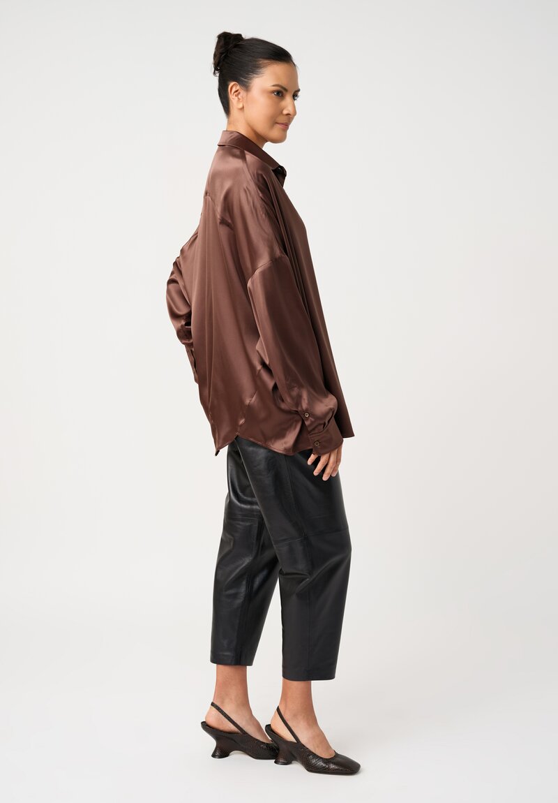 Dries Van Noten Stretch Silk Point Collar Button-Down Casia Top in Polished Bronze Brown
