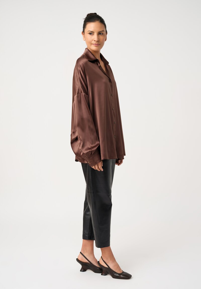 Dries Van Noten Stretch Silk Point Collar Button-Down Casia Top in Polished Bronze Brown