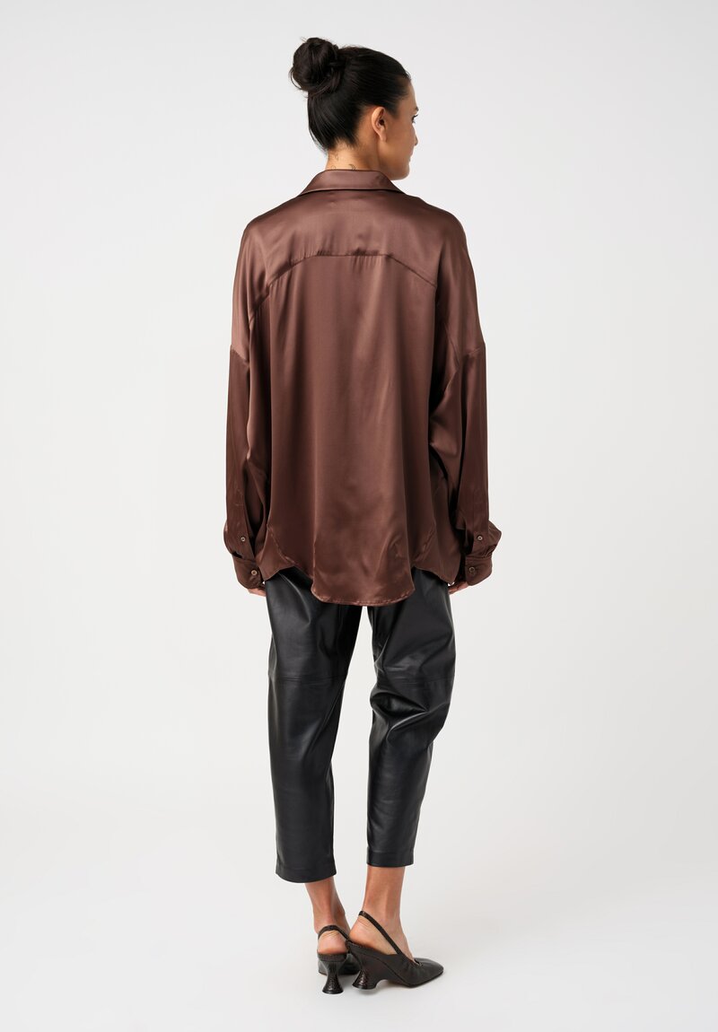 Dries Van Noten Stretch Silk Point Collar Button-Down Casia Top in Polished Bronze Brown