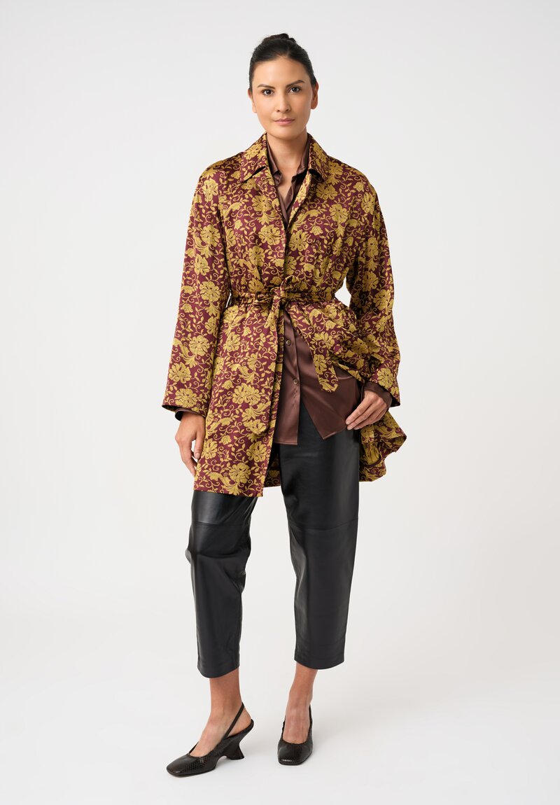 Dries Van Noten Stretch Silk Point Collar Button-Down Casia Top in Polished Bronze Brown