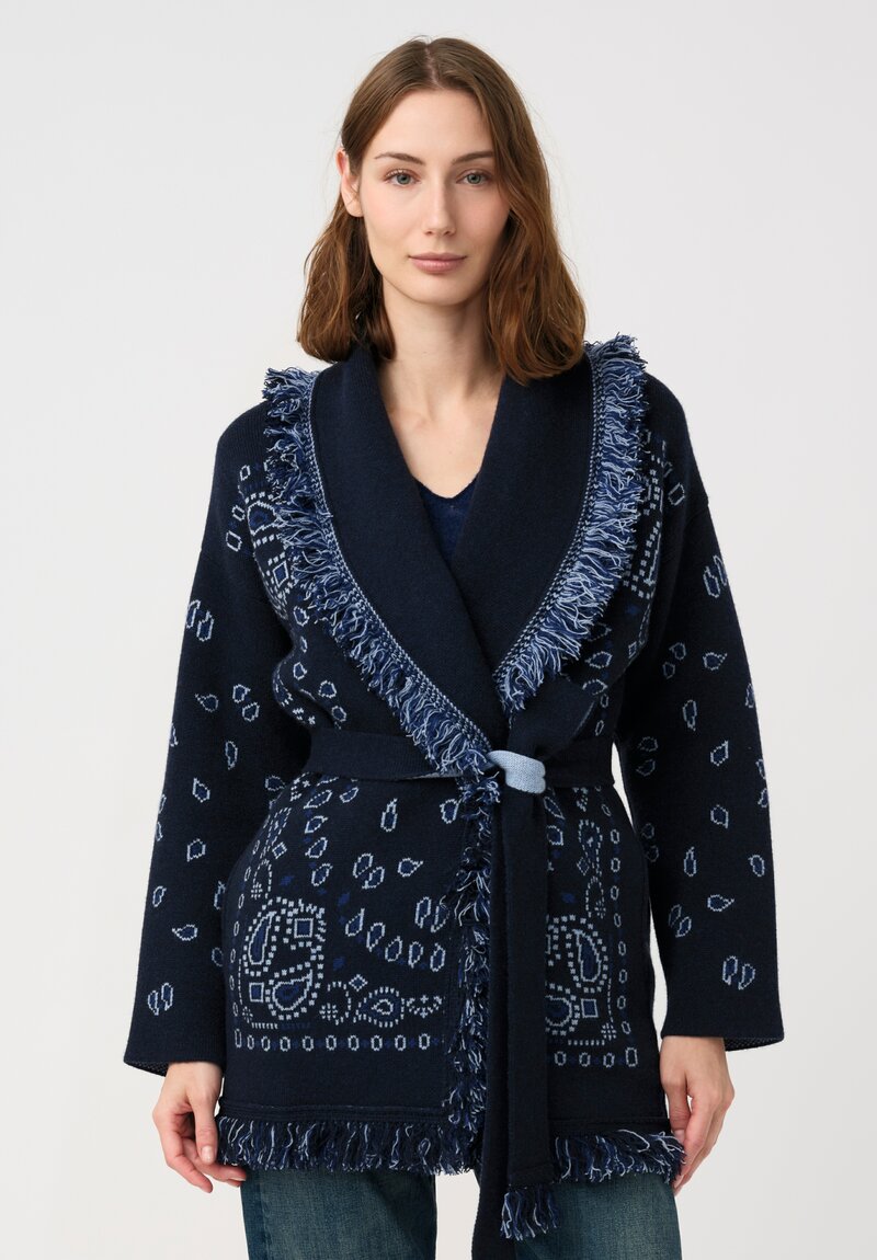 Alanui Cashmere Jacquard Knit Bandana Cardigan in Midnight Blue Paisley	