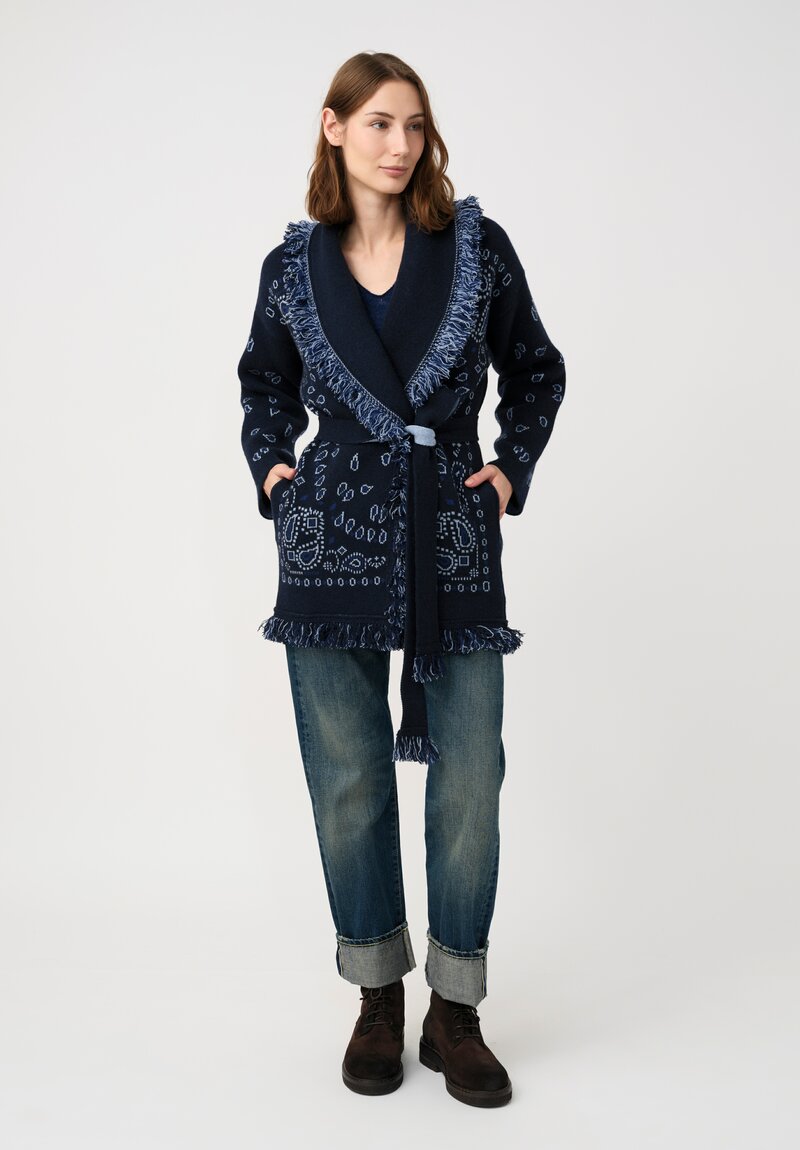 Alanui Cashmere Jacquard Knit Bandana Cardigan in Midnight Blue Paisley	