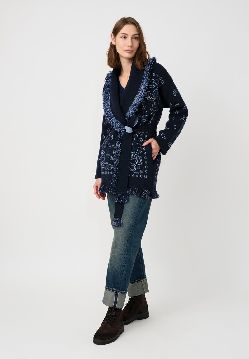 Alanui Cashmere Jacquard Knit Bandana Cardigan in Midnight Blue Paisley	