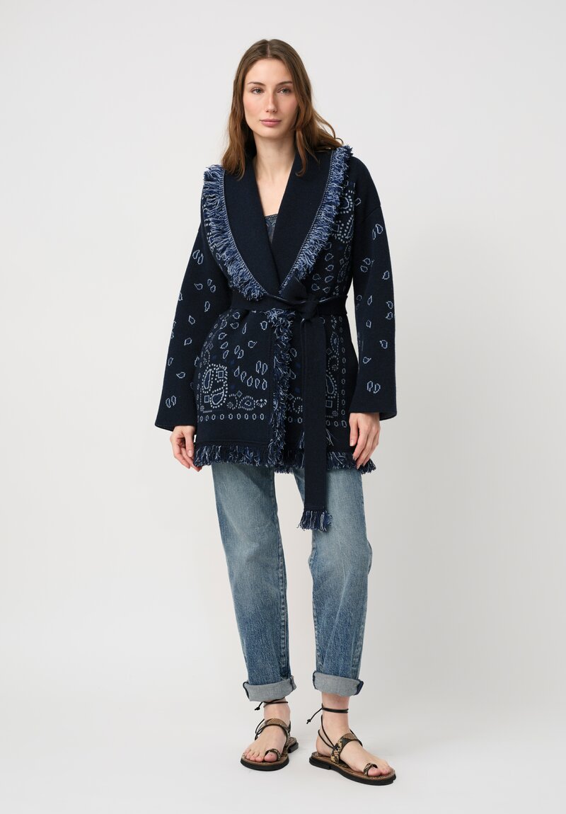 Alanui Cashmere Jacquard Knit Bandana Cardigan in Midnight Blue Paisley