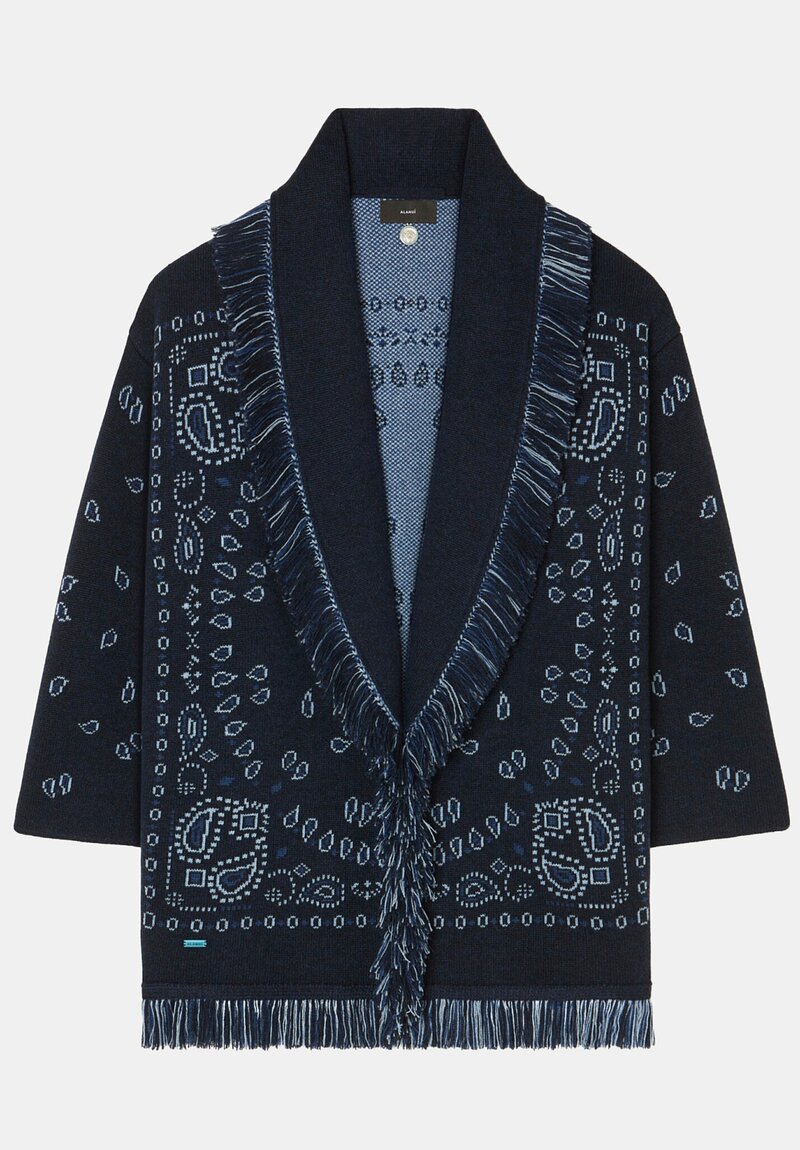 Alanui Cashmere Jacquard Knit Bandana Cardigan in Midnight Blue Paisley
