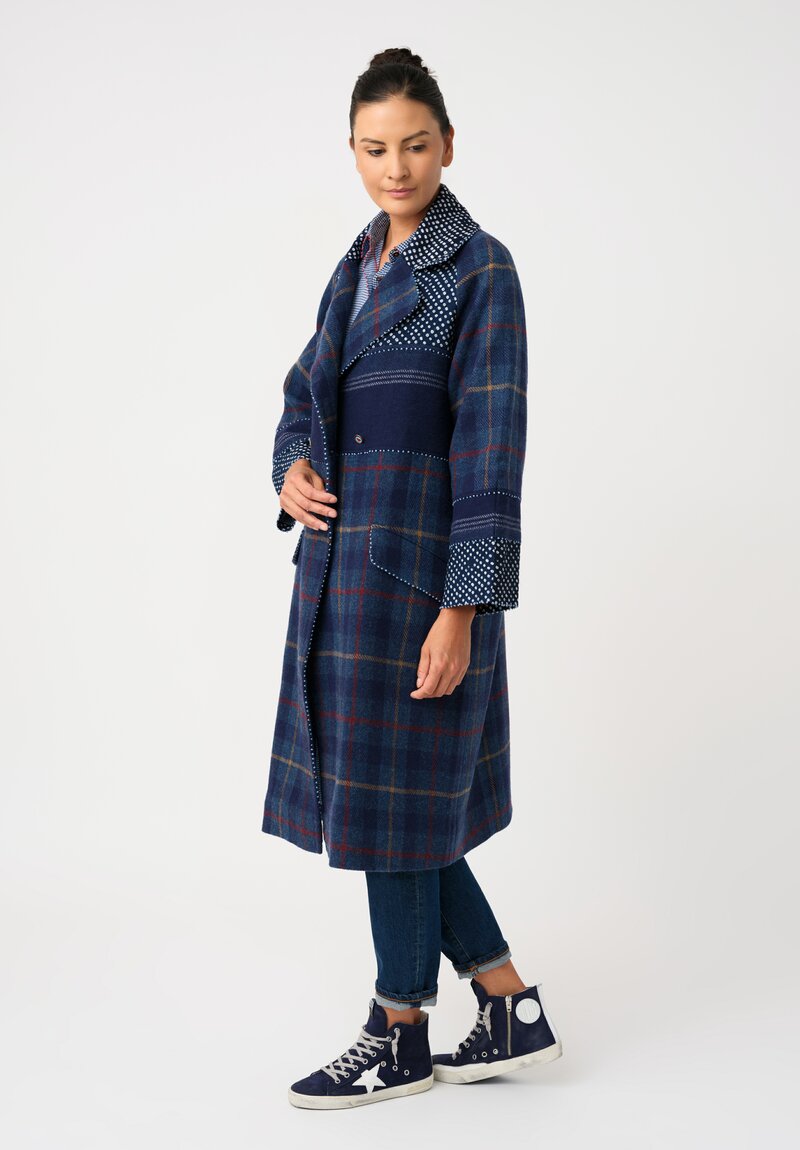 Péro Hand-Knotted Resist-Dyed Ticket Pocket Raglan Coat in Navy Blue Shibori & Plaid