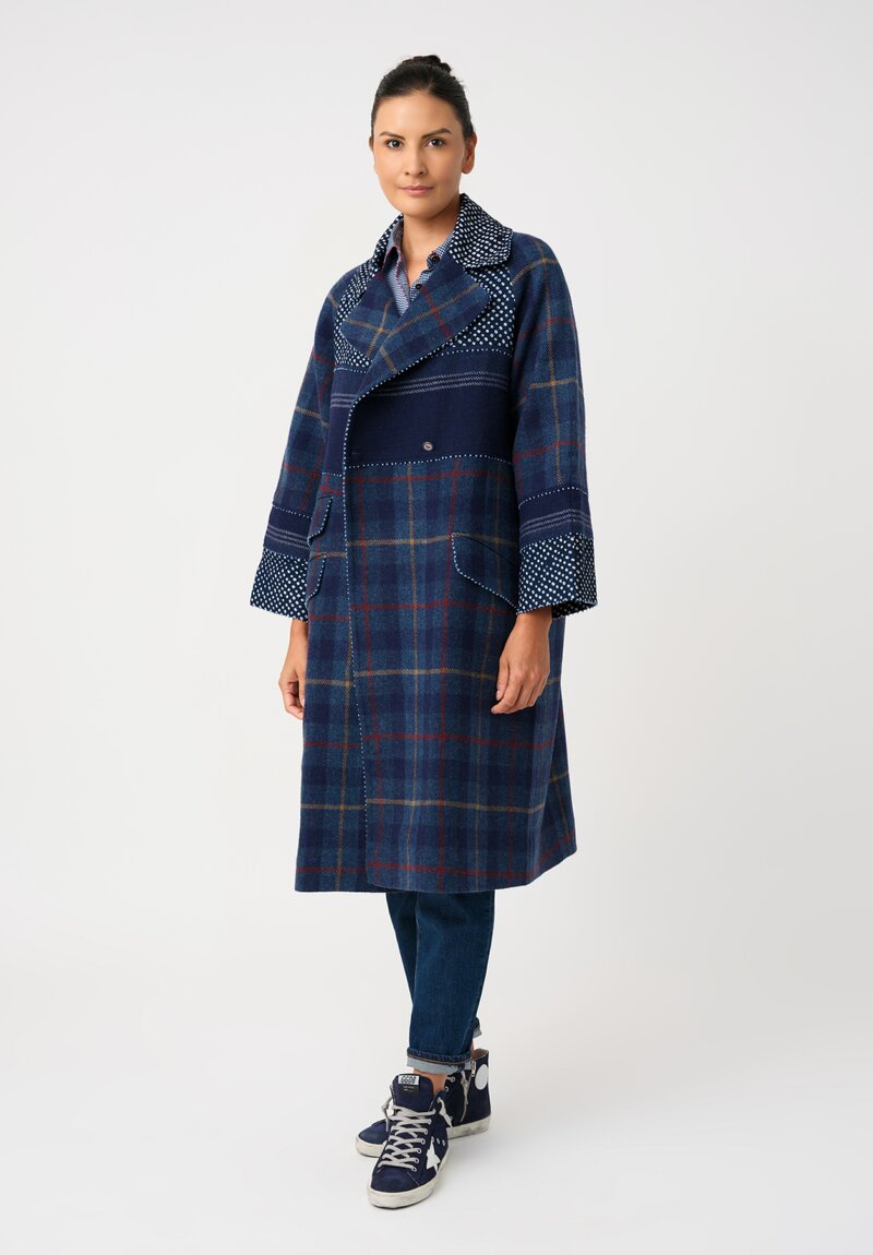 Péro Hand-Knotted Resist-Dyed Ticket Pocket Raglan Coat in Navy Blue Shibori & Plaid
