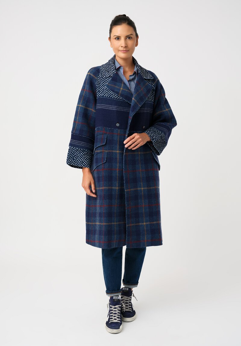Péro Hand-Knotted Resist-Dyed Ticket Pocket Raglan Coat in Navy Blue Shibori & Plaid