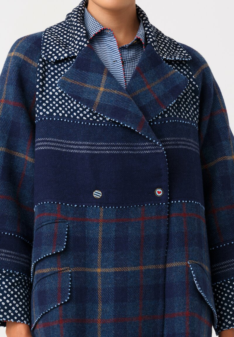 Péro Hand-Knotted Resist-Dyed Ticket Pocket Raglan Coat in Navy Blue Shibori & Plaid