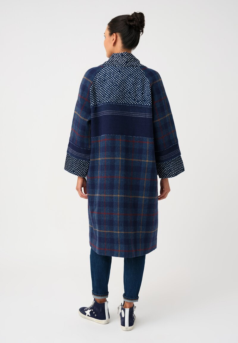 Péro Hand-Knotted Resist-Dyed Ticket Pocket Raglan Coat in Navy Blue Shibori & Plaid
