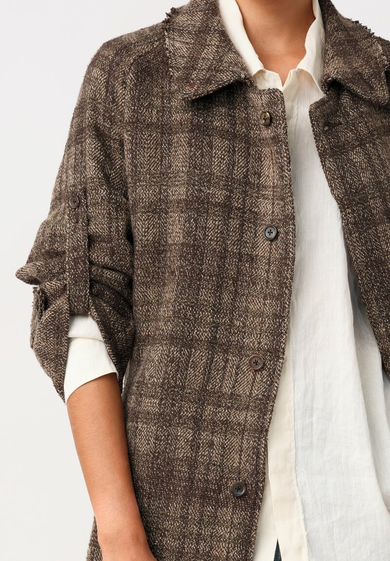 Cottle Workshop Exclusive Cotton & Cashmere Balmacaan Coat in Earthen Brown Plaid