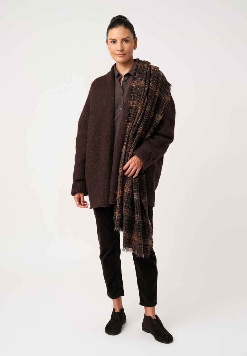 Lauren Manoogian Baby Alpaca Knit Blend Loft Shawl Neckline Cardigan in Cacao Brown Styled with Plaid Shawl